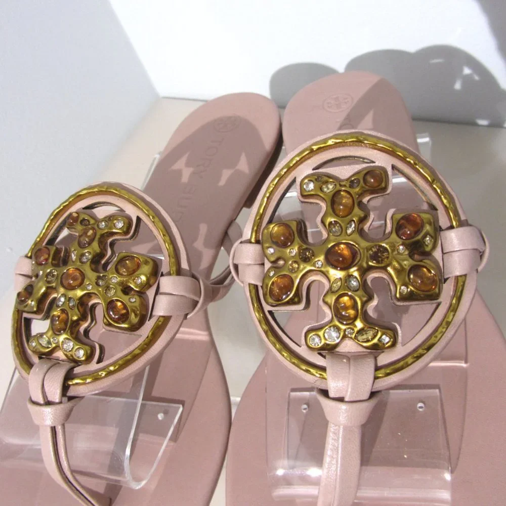 Tory Burch Miller Jeweled Leather Thong Sandals Meadowsweet Peachy Pink